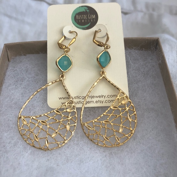 Gold & aqua Rustic Gem chandelier earrings - Picture 3 of 6